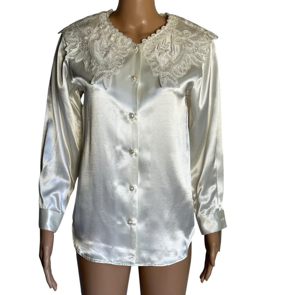 Vtg Melrose Petites Ivory Satin Lace Collar Pearl Button Blouse Made in USA S
